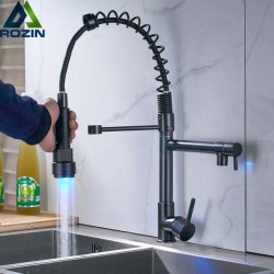 LED Light Black Bronze Dual Spout Kitchen Tap Single Handle Spring Pull Down Water Taps for Kitchen Handheld Kitchen Sprayer