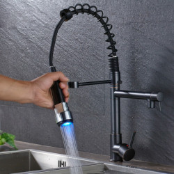 LED Light Black Bronze Dual Spout Kitchen Tap Single Handle Spring Pull Down Water Taps for Kitchen Handheld Kitchen Sprayer