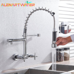 Matte Black Wall-Mounted Spring Kitchen Tap Pull Down Spray Nozzle Dual Handle 360 Rotation Hot And Cold Water Mixer Tap