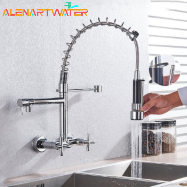 Matte Black Wall-Mounted Spring Kitchen Tap Pull Down Spray Nozzle Dual Handle 360 Rotation Hot And Cold Water Mixer Tap