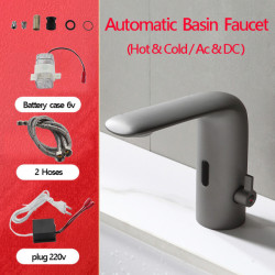 Automatic smart sink Tap taps body full copper brass brushed gun grey color mixer water cold & hot ac 220 v and dc 6 battery