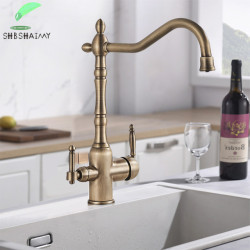 Antique Brass Filter Kitchen Tap Drinking Pure Water Kitchen Tap Deck Mounted Dual Handles 3-Ways Hot and Cold Water Mixer