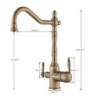 Antique Brass Filter Kitchen Tap Drinking Pure Water Kitchen Tap Deck Mounted Dual Handles 3-Ways Hot and Cold Water Mixer