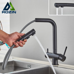 Rozin Water Purifier Kitchen Tap Black Pull Out Flexible Filter Kitchen Taps Crane Brass 2 in 1 Hot Cold Water Mixer Tap