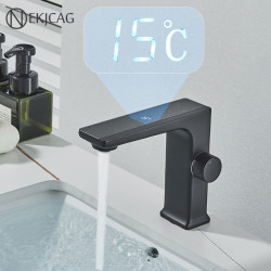 Smart Digital Display Bathroom Basin Tap Intelligent LED Brass Deck Mounted Sink Tap Hot Cold Water Mixer Crane Hydropower