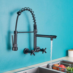 Rozin Black Kitchen Tap Dual Handles Hot Cold Water Kitchen Mixer Tap Wall Mounted Dual Swivel Spout Spring Pull Down Taps