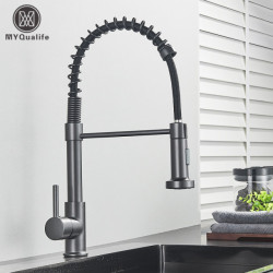 Silver Gray Kitchen Sink Tap One Handle Spring Hot and Cold Water Tap Deck Mounted Bathroom Matte Black Kitchen Crane