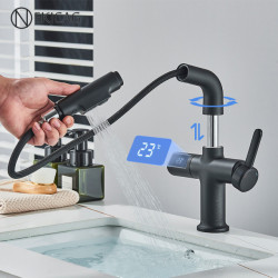 LCD Digital Display Bathroom Basin Tap Lifting And Pull out Bathroom Sink Tap Brass Deck Mount Hot Cold Mixer Washbasin Crane