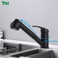 Black Hot And Cold Kitchen Tap Single Hole Pull Out Spout Sink Mixer With Pull down Stream Sprayer Deck Mounted Chrome Tap