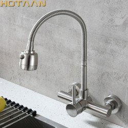 Wall Mounted Stream Sprayer Kitchen Tap Single Handle Dual Holes SUS304 Stainless Steel Flexible Hose Kitchen Mixer Taps 6032