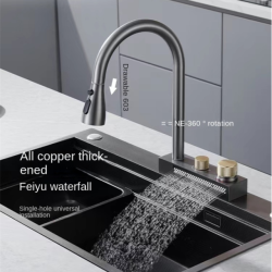 Kitchen 304 Stainless Steel Pull-out Waterfall Single Hole Tap Dishwashing Basin Cold and Hot Rotatable Mixer Tap