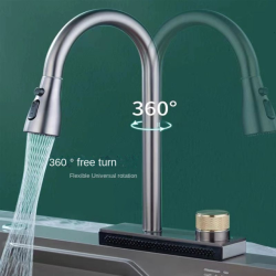 Kitchen 304 Stainless Steel Pull-out Waterfall Single Hole Tap Dishwashing Basin Cold and Hot Rotatable Mixer Tap