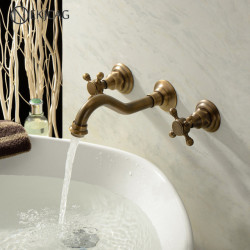 Modern Antique Brass Finished Wall Mounted Bathroom Basin Mixer Tap Dual Handles 3 holes