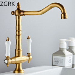 Tap For Kitchen Dual Handle Antique Brass Retro Tap 360 Degree Rotation Kitchen Sink Taps Deck Mounted Bathroom Sink Mixer