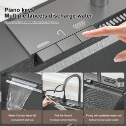 Digital Display Waterfall Sink Embossed Stainless Steel Kitchen Sink Large Single Bowl Black Washbasin with Kitchen Tap