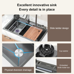 Digital Display Waterfall Sink Embossed Stainless Steel Kitchen Sink Large Single Bowl Black Washbasin with Kitchen Tap