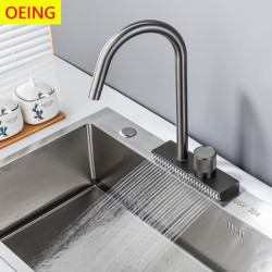 Big Waterfall Grey Kitchen Tap Cold Hot Brass Single Hole Tap With Temperature Scale 2 Ways Water Outlet Can Rotate
