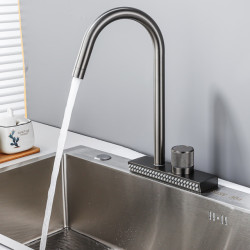 Big Waterfall Grey Kitchen Tap Cold Hot Brass Single Hole Tap With Temperature Scale 2 Ways Water Outlet Can Rotate