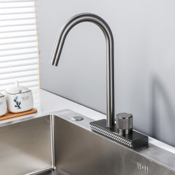 Big Waterfall Grey Kitchen Tap Cold Hot Brass Single Hole Tap With Temperature Scale 2 Ways Water Outlet Can Rotate