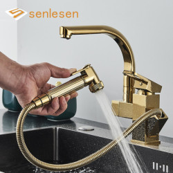 Senlesen Luxury Kitchen Tap Golden Brass Bathroom Sink Tap Deck Mounted Pull Out Sprayer Led Spout Hot Cold Water Mixer Crane