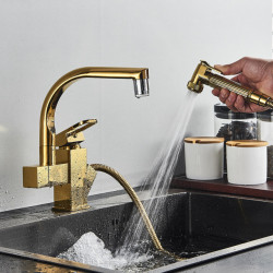 Senlesen Luxury Kitchen Tap Golden Brass Bathroom Sink Tap Deck Mounted Pull Out Sprayer Led Spout Hot Cold Water Mixer Crane