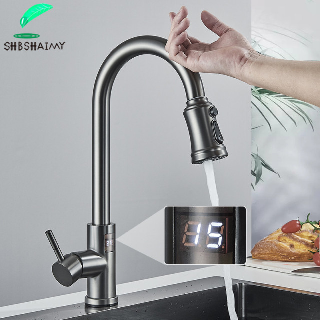 Digital Display Smart Touch Kitchen Tap Grey Black Sensor Touch Tap Flexible Pull Out Mixer Taps Deck Mount 3 Modes Crane