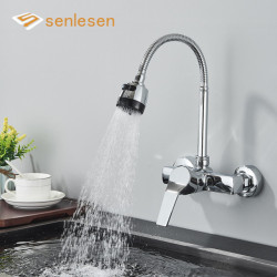 Chrome Wall Mounted Dual Hole Kitchen Tap Lead Free Hot Cold Water Mixer Tap Stream Spray Bubbler 360 Rotation Flexible Pipe