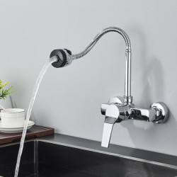 Chrome Wall Mounted Dual Hole Kitchen Tap Lead Free Hot Cold Water Mixer Tap Stream Spray Bubbler 360 Rotation Flexible Pipe