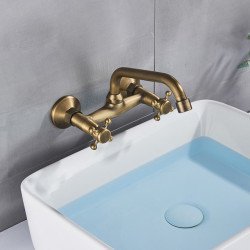 Wall Mounted Bathroom Kitchen Tap Dual Handle Brass Antique Hot and Cold Water Tap 360 Swivel Long Spout Kitchen Mixer Tap