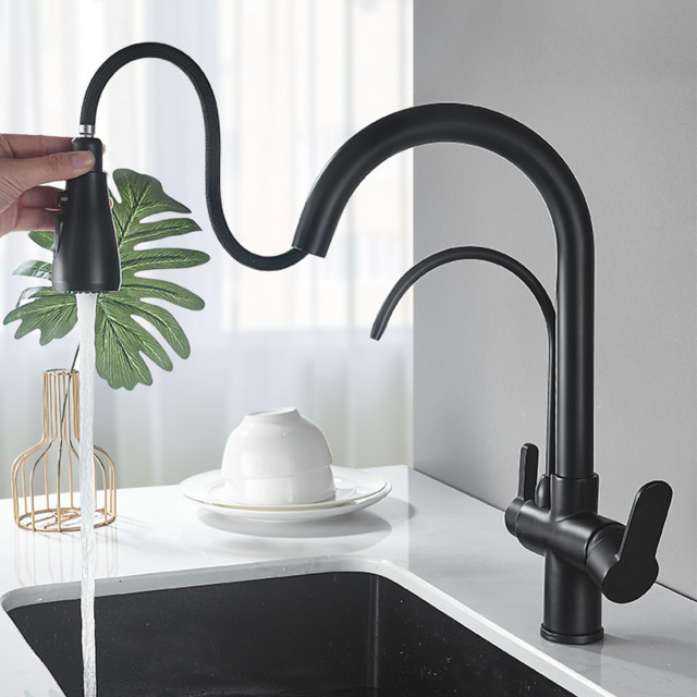 Matte Black Filtered Crane For Kitchen Pull Out Spray 360 Rotation Water Filter Tap Three Ways Sink Mixer Kitchen Tap