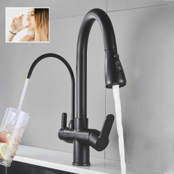 Matte Black Filtered Crane For Kitchen Pull Out Spray 360 Rotation Water Filter Tap Three Ways Sink Mixer Kitchen Tap