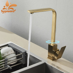 Brush Gold Square Kitchen Tap Hot and Cold Kitchen Sink Tap 360 Degree Rotation Mixer Deck Mounted Water Crane