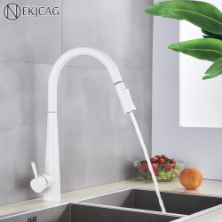 White Kitchen Sink Tap Surface Polishing Pull Out Spout Dual Mode Water Outlet Hot and Cold Water Mixer Taps Deck Mount