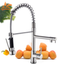 Kitchen Sink Tap Pull Down Swivel Daul Spout Tap Brass Deck Mounted Spring Single Handle Cold Hot Water Mixer Tap