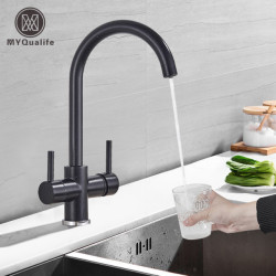 Black Kitchen Filtered Tap Beige with Dots Brass Purifier Mixer Double Sprayer Drinking Water Curved Sink Tap 360 Rotate