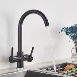 Black Kitchen Filtered Tap Beige with Dots Brass Purifier Mixer Double Sprayer Drinking Water Curved Sink Tap 360 Rotate