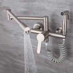 Kitchen Tap Solid Brass Hot & Cold Sink Mixer Taps With Spray Gun Wall Mounted Rotation Foldable Nickel/Chrome