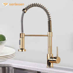 Senlesen Golden Kitchen Spring Tap Brass Deck Mount 360 Degree Rotate Stream & Sprayer Nozzle Hot Cold Mixer Vanity Sink Tap