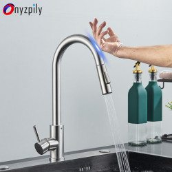 Brushed Smart Touch On Kitchen Tap Sensor 360 Rotation Pull Out Single Handle Mixer Tap Two Water Modes Sink Crane Hot Cold