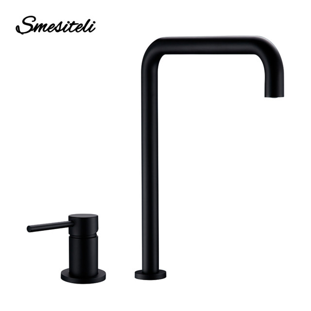 360 Degree Swivle Kitchen Tap Solid Brass Double Hole Single Handle Matt Black L-Shaped Kitchen Wash Basin Tap