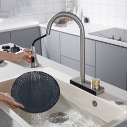 Pull-Out Kitchen Waterfall Tap Hot And Cold Rainwater Free Spinning Spray Stream Nozzle Deck Mount Gun Grey