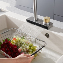 Pull-Out Kitchen Waterfall Tap Hot And Cold Rainwater Free Spinning Spray Stream Nozzle Deck Mount Gun Grey