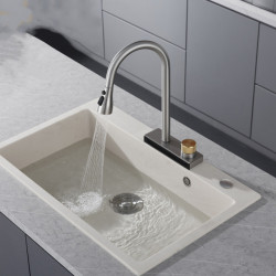 Pull-Out Kitchen Waterfall Tap Hot And Cold Rainwater Free Spinning Spray Stream Nozzle Deck Mount Gun Grey