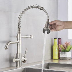 Nickel Chrome Kitchen Sink Tap Purified Free Rotation Hot Cold Mixer Dual Handle Tap Deck Mount Spring Drink Taps