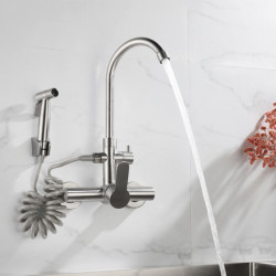 Wall Mount Kitchen Tap Stainless Steel Swivel Dual Hole Sink Tap with Bidet Sprayer Shower Head Cold Hot Water Mixer Taps