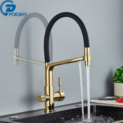 Golden Water Filter Kitchen Tap Brass Drinking Filtered Crane Dual Spout Mixer 360 Degree Rotation Water Purification Taps