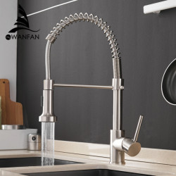 Kitchen Taps Brush Brass Taps for Kitchen Sink Single Lever Pull Out Spring Spout Mixers Tap Hot Cold Water Crane 9009