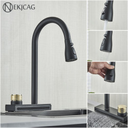 Gourmet Kitchen Tap Flexible Pull Out 3 Nozzle outlet Black Rotatable Rain Waterfall Sink Mixer Tap Cold and Hot Mixing Crane