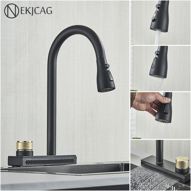 Gourmet Kitchen Tap Flexible Pull Out 3 Nozzle outlet Black Rotatable Rain Waterfall Sink Mixer Tap Cold and Hot Mixing Crane