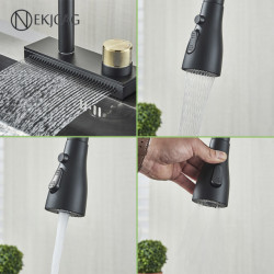 Gourmet Kitchen Tap Flexible Pull Out 3 Nozzle outlet Black Rotatable Rain Waterfall Sink Mixer Tap Cold and Hot Mixing Crane